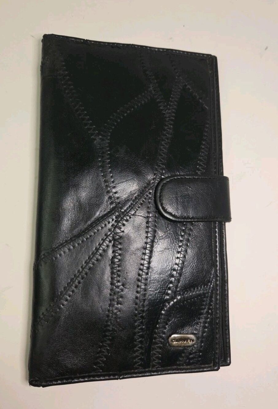 Vintage Carven Paris France Black Patch Leather Metal Snap checkbook Wallet